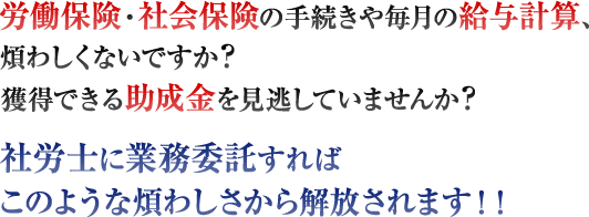 労働保険・社会保険の手続きや毎月の給与計算、煩わしくないですか?獲得できる助成金を見逃していませんか?社労士に業務委託すればこのような煩わしさから解放されます!!